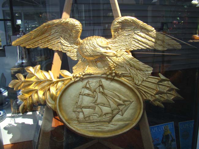 Fabulous American eagle over a U.S.S. Constitution plaque carved by J P Uranker of Martha's Vineyard